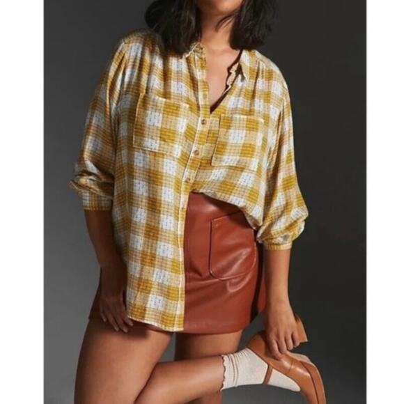 Anthropologie Pilcro Yellow Oversized Plaid Button Down Top Size XS - Picture 1 of 11
